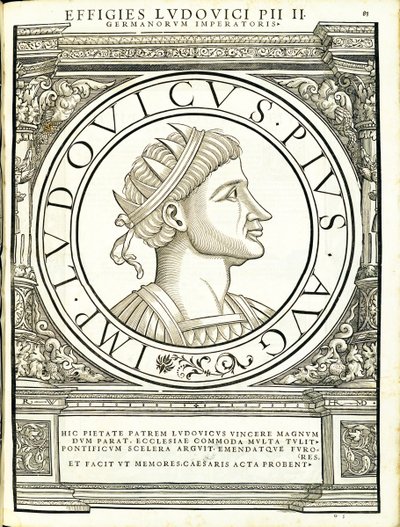 Ludouicus Pius, Illustration aus Imperatorum romanorum omnium orientalium et occidentalium verissimae imagines ex antiquis numismatis, Holzschnitt von Rudolph Wyssenbach, gedruckt von Andreas Gesner, Zürich von Hans Rudolf Manuel Deutsch